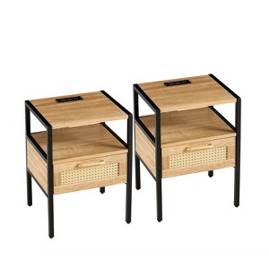 2PCS Rattan Nightstand with Charging Station,Narrow End Table with Drawer,Wooden Accent Side Table for Living Room Bedroom Office Natural Color - 1 of 4