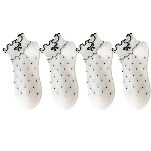Anna-Kaci 4 Pairs Ankle Socks with Ruffle Trim Cuff Featuring Cherry, Grid, Stripe, and Polka Dot Designs - 1 of 4