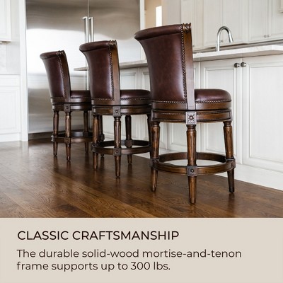 Walnut Swivel Counter Stool with Vegan Leather Upholstery, Set of 3