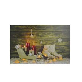 Northlight Small LED Lighted Candles, Ice Skates and Sleigh Christmas Canvas Wall Art 12" x 15.75"