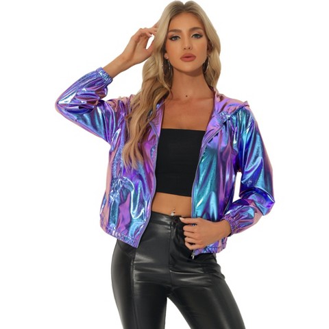 Allegra K Women's Casual Holographic Hooded Long Sleeve Zipper Metallic Jacket Large Hot Pink