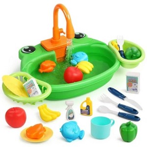 Skirfy Play Sink Toy, Pretend Play Kitchen Sink with Running Water, Play Dishes, Play Food and Other Accessories, Green - 1 of 4