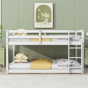 RISOKEYS Twin over Twin Floor Bunk Bed - Solid Rubber Wooden Bunk Bed with Ladder, Upper & Bottom Bed Platforms with Strengthened Slats - 1 of 4