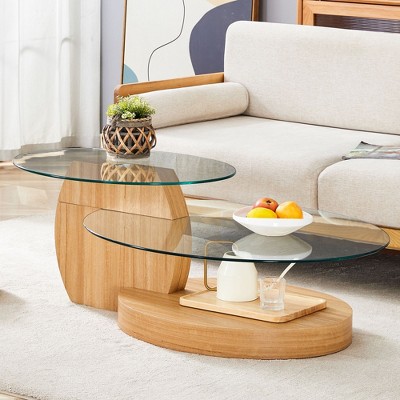 PAGED Modern Wood Grain Nesting Design Oval Coffee Table with Glass Top,2-Layer Tea table Center Table for Living Room,Bedroom