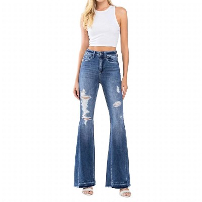 Women's Farewell High Rise Distressed Insert Panel Flare Jeans - FLYING MONKEY