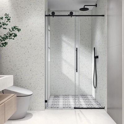 PexFix 76 in.x 48 in. Frameless Single Sliding Shower Door 8mm Tempered Glass With Adjustable Soft Closing Design for Spa Bathroom Matte Black