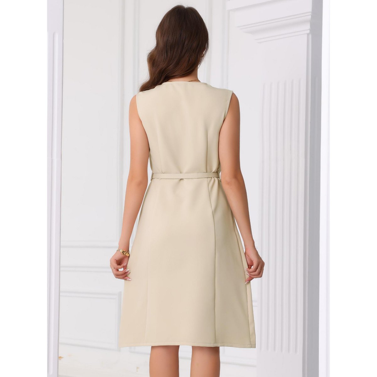 Женские платья INSPIRE CHIC Women's Work Office V Neck Sleeveless Belt Waist Midi Dress X-Small Dark Beige — фото 5