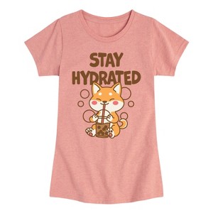 Girls' - Instant Message - Kawaii Shiba Inu Dog with Bubble Tea Fitted Short Sleeve Graphic T-Shirt - 1 of 4