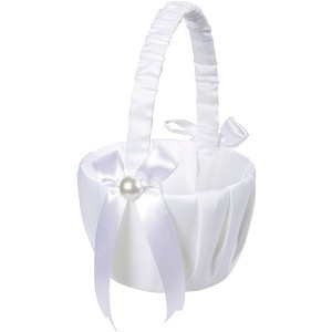 Juvale White Flower Girl Basket for Weddings - Flower Pedal Basket in Satin Bowknot and Pearl Design (8 x 5.2 x 6 In) - 1 of 4