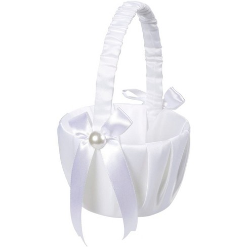 5pcs/set Wedding Supplies Double Heart Satin Flower Girl Basket + 7 * 7  inches Ring Bearer Pillow + Guest Book + Pen Holder + Bride Garter Set White