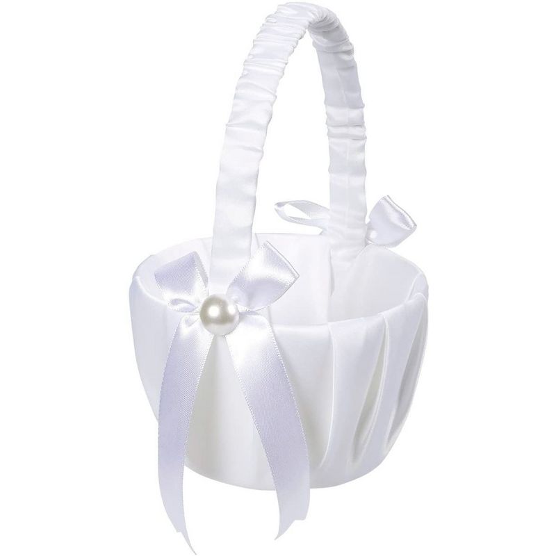 Juvale White Flower Girl Basket for Weddings - Flower Pedal Basket in Satin Bowknot and Pearl Design (8 x 5.2 x 6 In), 1 of 8