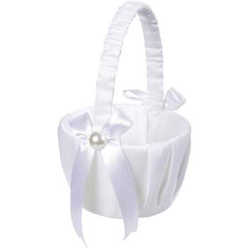 Juvale White Flower Girl Basket for Weddings - Flower Pedal Basket in Satin Bowknot and Pearl Design (8 x 5.2 x 6 In)