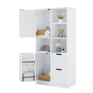 TiramisuBest Bathroom Storage Cabinet with Doors and Drawers, Multiple Storage Space, Freestanding Style, Open Shelve, Adjustable Shelf, White - 1 of 4
