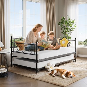 Daybed with Trundle, Twin Bed with Heart-Shaped Headboard, Sturdy Metal Frame with Steel Slat Support, No Box Spring Needed - 1 of 4