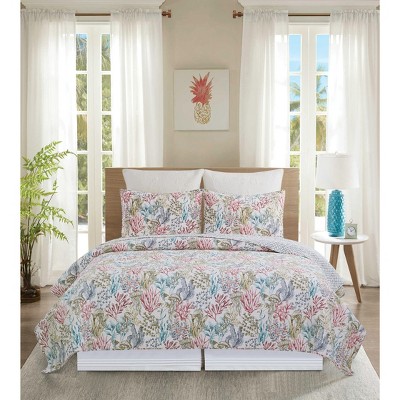 Twin Pink Cotton Coastal Reversible Quilt Set
