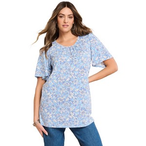 Roaman's Women's Plus Size Flutter-Sleeve Textured Tee - 1 of 2