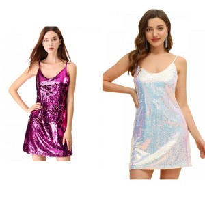 Allegra K Women's Glitter Sequin Spaghetti Strap V Neck Cocktail Sparkly Mini Dress 2 Packs - 1 of 4