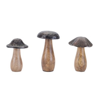 Wood Mushrooms with Aluminum Top (Set of 3)