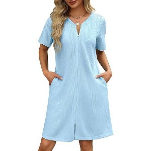 Ekouaer Women Zipper Robes Waffle Short Bathrobe Lightweight House Coat with Pockets Soft Nightgown - 1 of 4