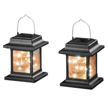 Collections Etc Solar String Light Lanterns with Hanging Hooks - Set of 2 4.25 X 4.25 X 5.25 Black