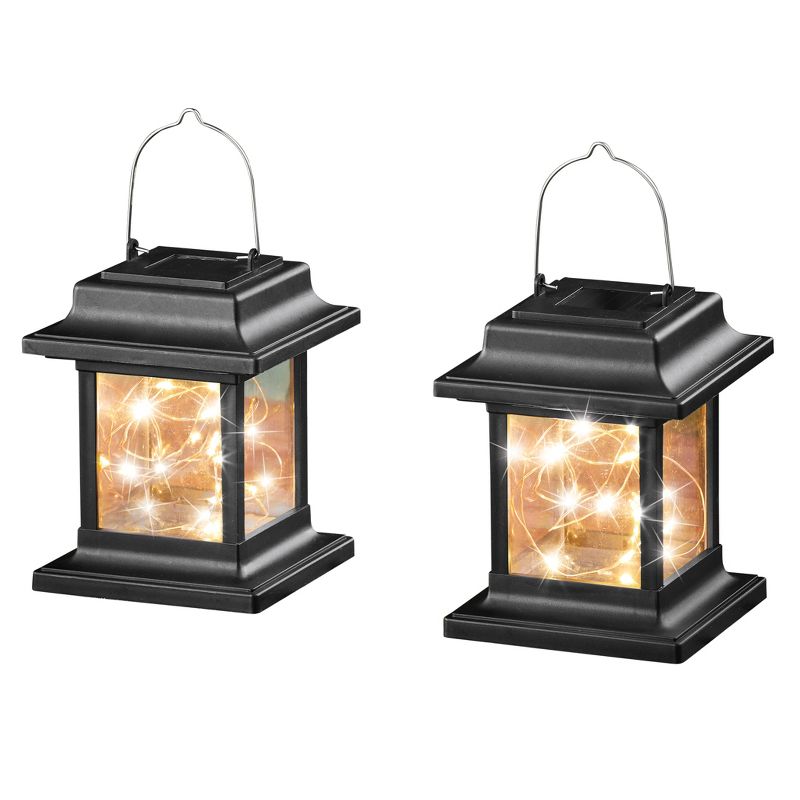 Collections Etc Solar String Light Lanterns with Hanging Hooks - Set of 2 4.25 X 4.25 X 5.25 Black, 1 of 3