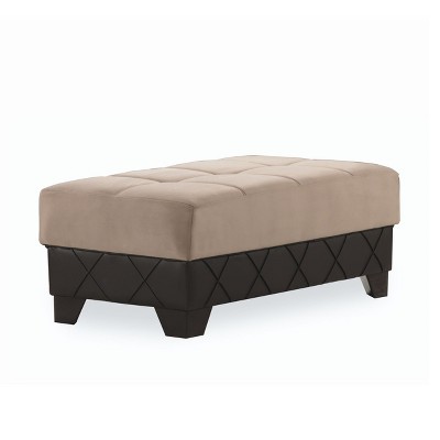 HomeRoots 48" Taupe and Espresso Faux Leather And Microfiber Tufted Storage Ottoman
