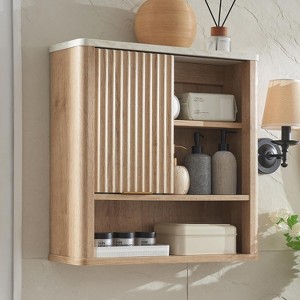 Bathroom Wall Cabinet with Sliding Door, Wood Hanging Cabinet with Adjustable Shelf & Faux Marble Top, Over The Toilet, Bathroom Cabinet - 1 of 4