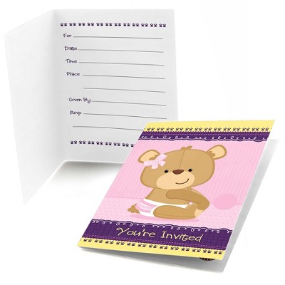 Big Dot of Happiness Baby Girl Teddy Bear - Fill In Baby Shower or Birthday Party Invitations (8 count)