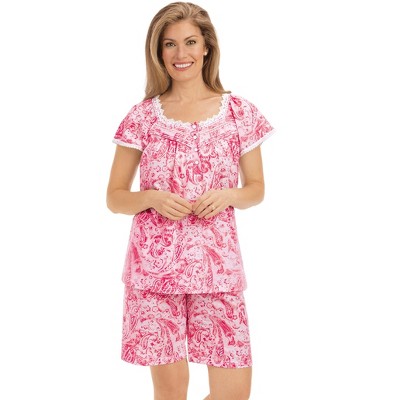Collections Etc 2-Piece Paisley Print Lace Trim Pajama Shorts Set