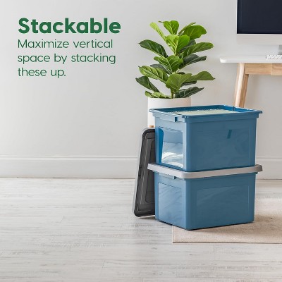 Navy and Gray Stackable Plastic File Boxes with Latching Lids, 4 Pack