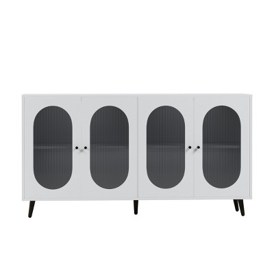GlasFlength Kitchen Storage Accent Kitchen Cabinet Storage Cabinet Morden Sideboard Cabinet 4 Doors for Dining Room, White, 60"*15.6"*32.3"
