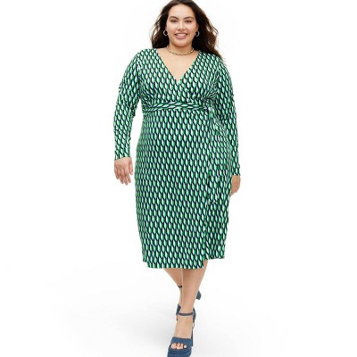 Women's Long Sleeve Midi Arrow Geo Green Wrap Dress - DVF for Target