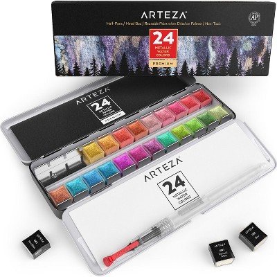 Arteza Professional Watercolor Artist Paint Set, Metallic, Half Pans, Non-Toxic - 24 Colors (ARTZ-2006)