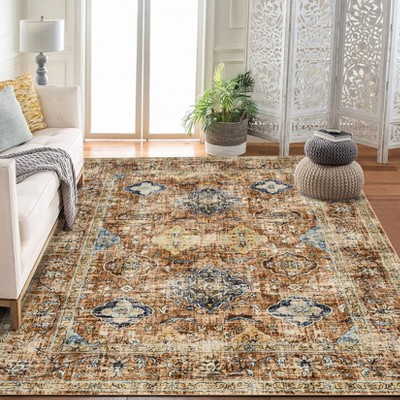Vintage Oriental Rhombus Printed Rug- Retro Distressed Tone ,Low-Pile,Washable,Non-Slip,Rugs for Living Room,Bedroom, Kitchen