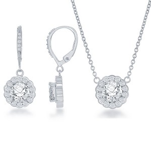 Bella Silver Sterling Silver April Birthstone w/ CZ Border Round Earrings and 18" Pendant Necklace Set - 1 of 3