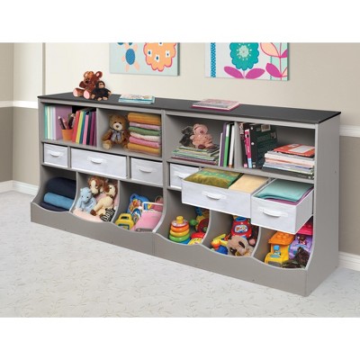 Versatile Gray Woodgrain Storage Unit with Baskets for Kids