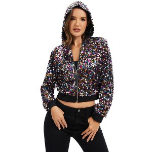 Anna-Kaci Women's Sequin Zip-Up Hooded Jacket with Ribbed Hem and Long Sleeves for Party Wear - 1 of 4