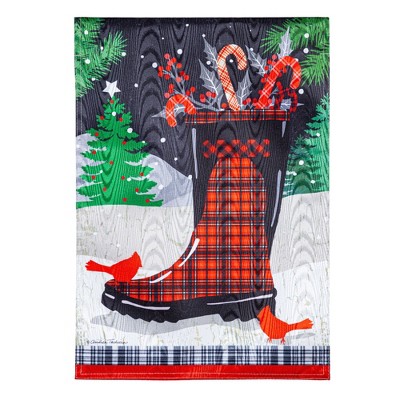 Evergreen Garden Flag Holiday Plaid Boots Moire Double Sided