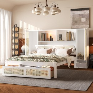 KTMBDW Twin Size Platform Bed Frame with 2 Storage Drawers and 8 Lockers, Platform Bed with Natural Rattan, Wooden Slats Support, Easy Assembly, White - 1 of 4