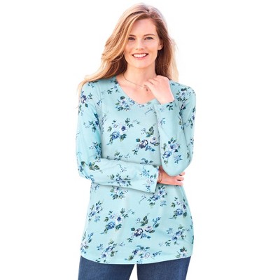 Woman Within Plus Size Perfect Printed Long-Sleeve V-Neck Tee