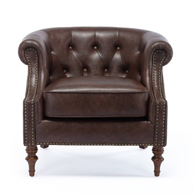 Chesterfield Brown Faux Leather Barrel Accent Chair