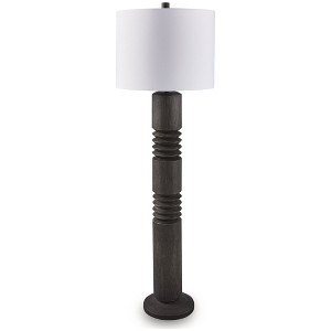 Signature Design by Ashley Fainwell Poly Floor Lamp, Distressed Black Finish, Carved Contemporary Base, Drum Fabric Shade, 64.5-Inch Tall - 1 of 4