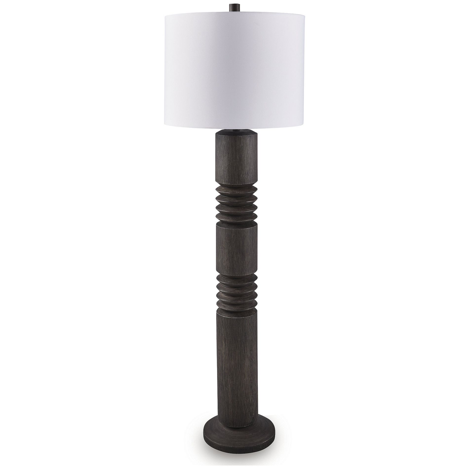 Signature Design by Ashley Fainwell Poly Floor Lamp, Distressed Black Finish, Carved Contemporary Base, Drum Fabric Shade, 64.5-Inch Tall