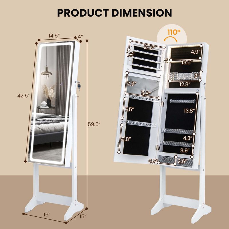 Costway LED Mirror Jewelry Cabinet Organizer Armoire Standing with Built-in 3 Color Light, 3 of 11