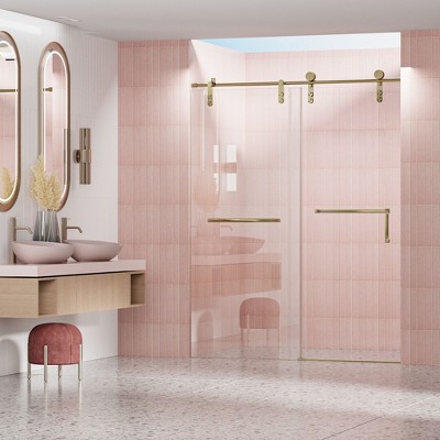 NicBex Shower Door 76" H Frameless Single Sliding Soft-closing Shower Doors, 5/16" (8mm) Thick Tempered Glass with Explosion-proof Film, Gold