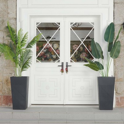 30" Tall Rattan Planter Set of 2 – Large Indoor & Outdoor Plant Pots with Water Level Monitor, Built-In Self-Watering System, Black