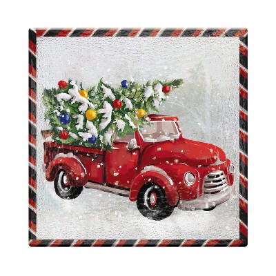 Evergreen 16.5" Hand Painted Embossed Square Glass Bird Bath, Winter Farm Truck