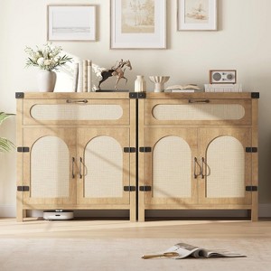 2PCS Small Rattan Buffet Cabinet with Storage, Kitchen Coffee Bar Cabinet with Doors and Drawer, Boho Farmhouse Sideboard with Adjustable Shelves - 1 of 4