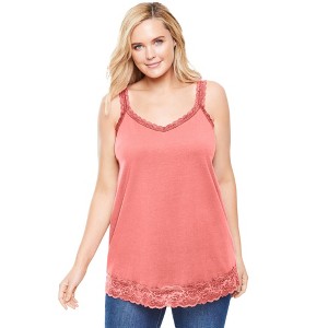 Woman Within Plus Size Lace-Trim V-Neck Tank - 1 of 4