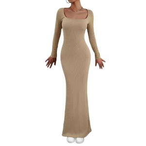 BLUEMING Women's Square Neck Long Sleeve Knit Maxi Dress Knit Bodycon Long Dress - 1 of 4